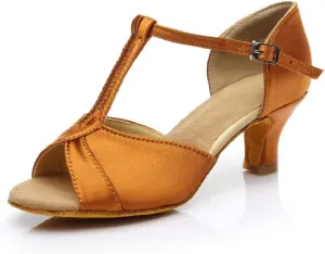 Ballroom Dance Shoes T-strap Suede Silk 2" Heels Latin Salsa Bachata Performance Dance Shoes for Woman and Teens Practice Performance