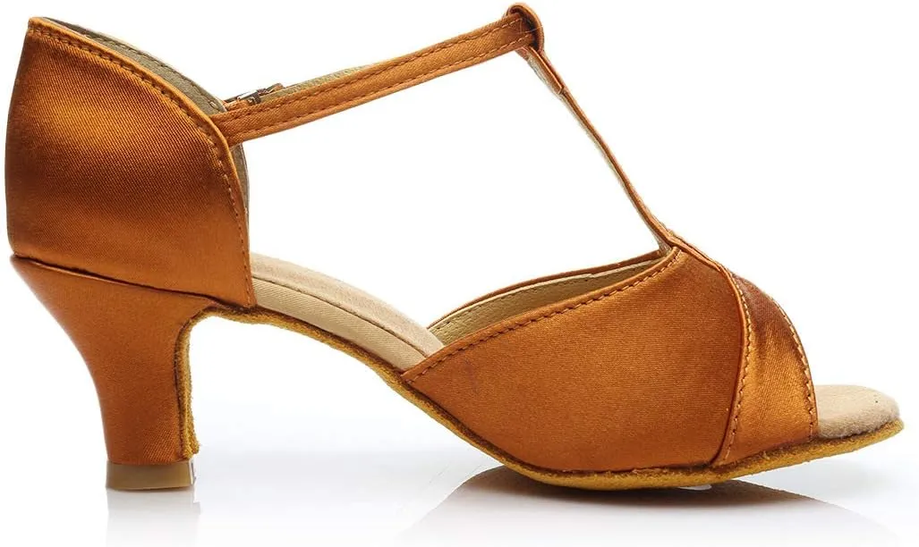 Ballroom Dance Shoes T-strap Suede Silk 2" Heels Latin Salsa Bachata Performance Dance Shoes for Woman and Teens Practice Performance