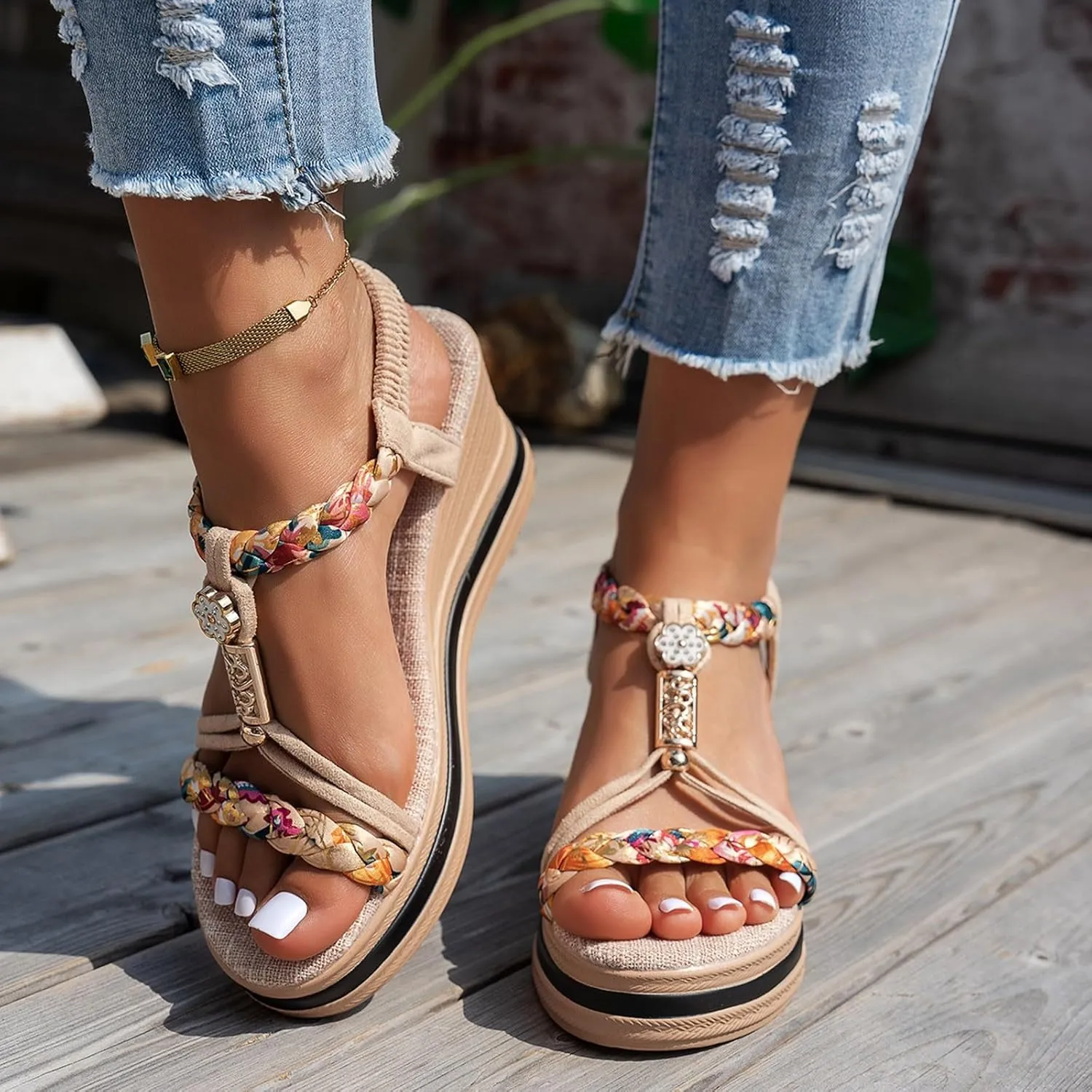 Bohemian Espadrille Wedge Heel Sandals For Women 2025 Open Toe Comfortable Walking Non Slip Casual Summer Beach Sandals Wide Width Elastic Band Rhinestone Espadrille Platform Wedges Shoes