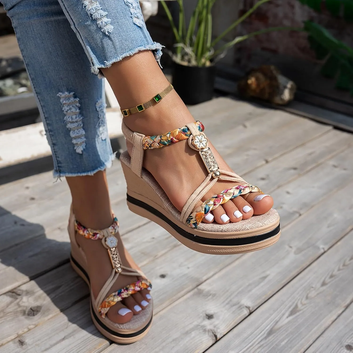 Bohemian Espadrille Wedge Heel Sandals For Women 2025 Open Toe Comfortable Walking Non Slip Casual Summer Beach Sandals Wide Width Elastic Band Rhinestone Espadrille Platform Wedges Shoes