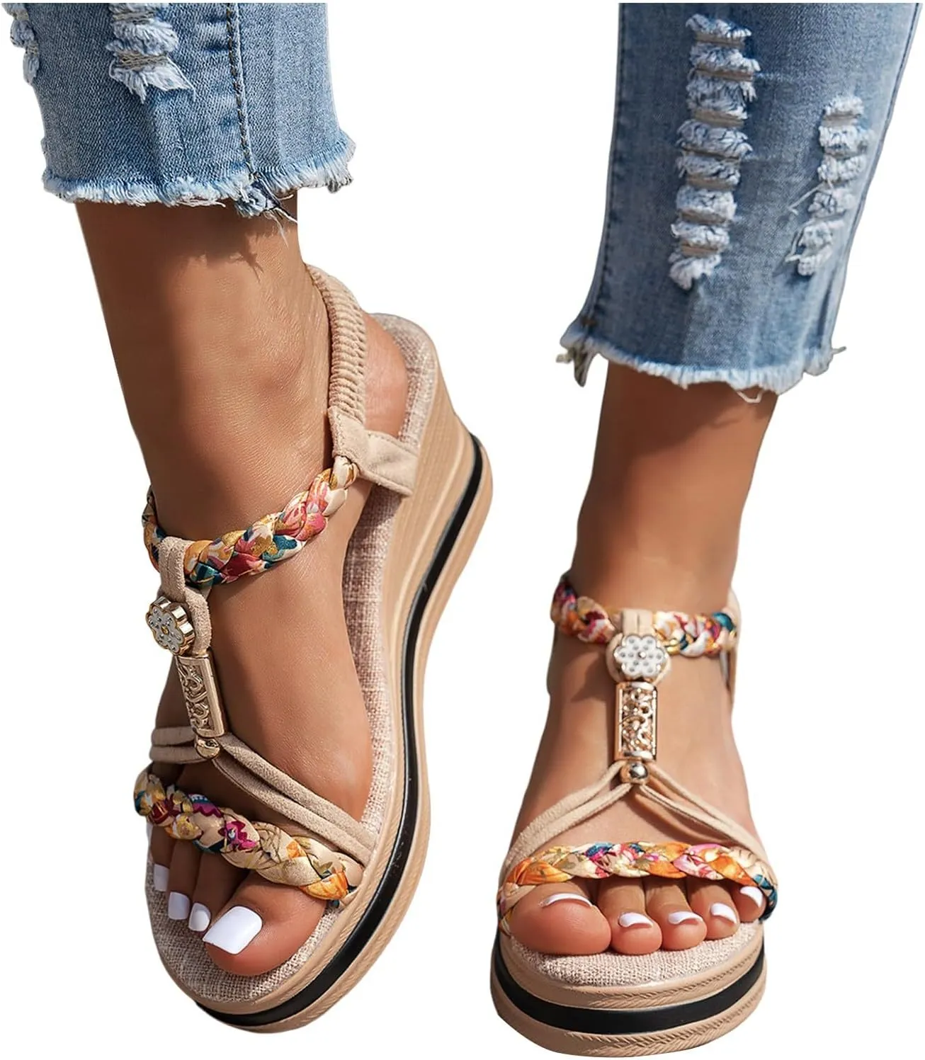 Bohemian Espadrille Wedge Heel Sandals For Women 2025 Open Toe Comfortable Walking Non Slip Casual Summer Beach Sandals Wide Width Elastic Band Rhinestone Espadrille Platform Wedges Shoes
