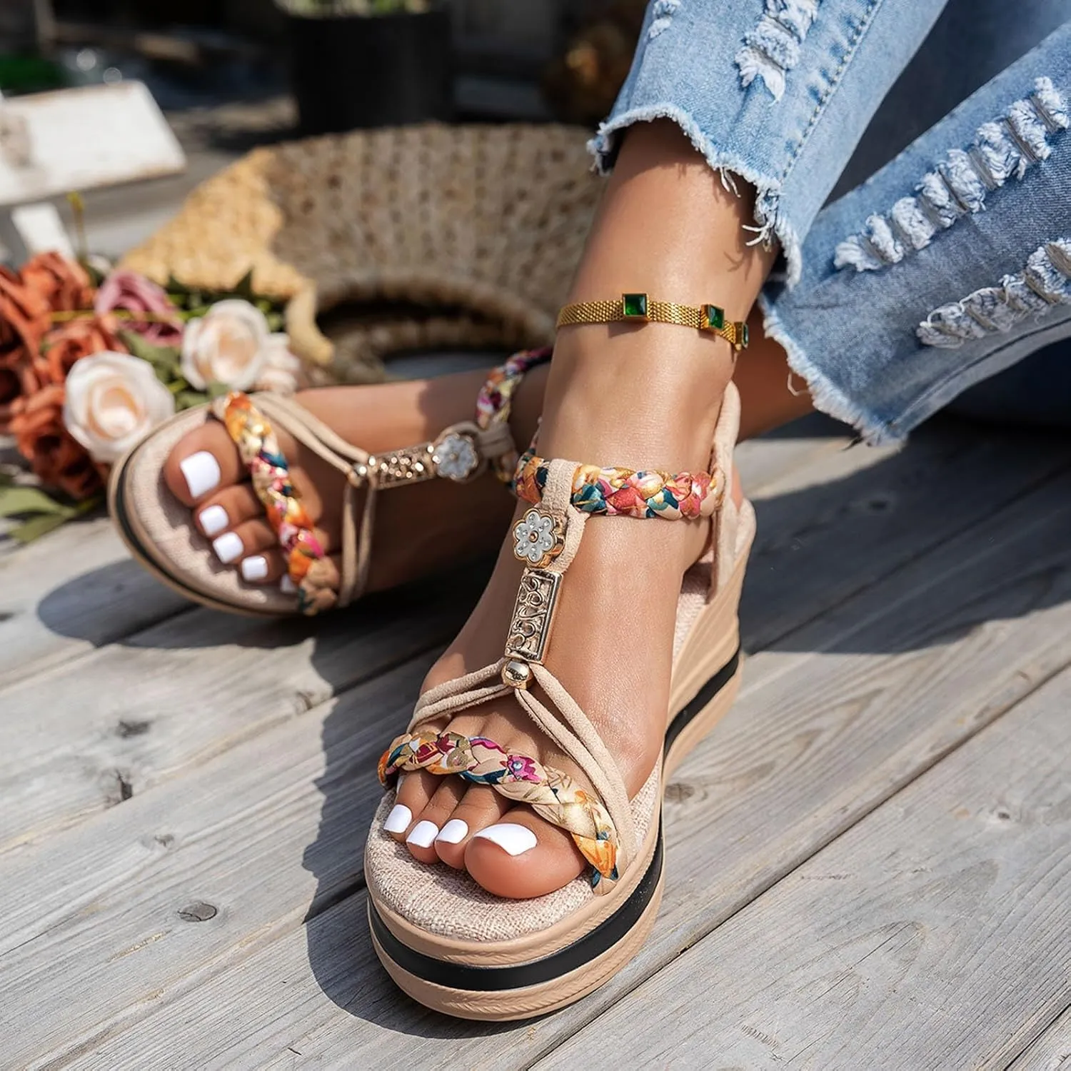 Bohemian Espadrille Wedge Heel Sandals For Women 2025 Open Toe Comfortable Walking Non Slip Casual Summer Beach Sandals Wide Width Elastic Band Rhinestone Espadrille Platform Wedges Shoes