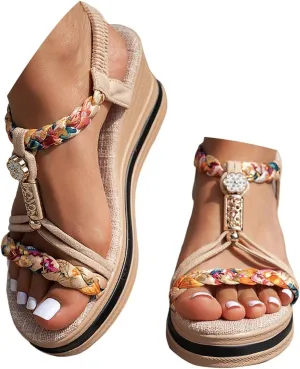 Bohemian Espadrille Wedge Heel Sandals For Women 2025 Open Toe Comfortable Walking Non Slip Casual Summer Beach Sandals Wide Width Elastic Band Rhinestone Espadrille Platform Wedges Shoes