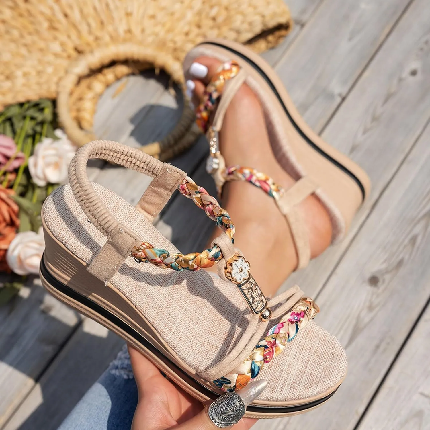 Bohemian Espadrille Wedge Heel Sandals For Women 2025 Open Toe Comfortable Walking Non Slip Casual Summer Beach Sandals Wide Width Elastic Band Rhinestone Espadrille Platform Wedges Shoes