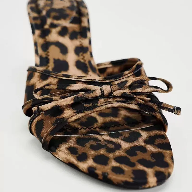 Chic Bow Leopard Print Kitten Heel Sandals - Trendy & Comfortable