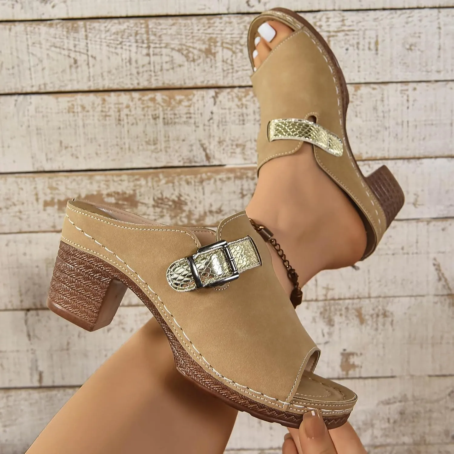 Chunky Heel Sandals for Women 2025 Summer Orthopedic Wedge Sandals, Fish Mouth Open Toe Buckle Backless High Heels Comfortable Slingback Chunky Heels High Heel Sandal Casual Walking Shoes