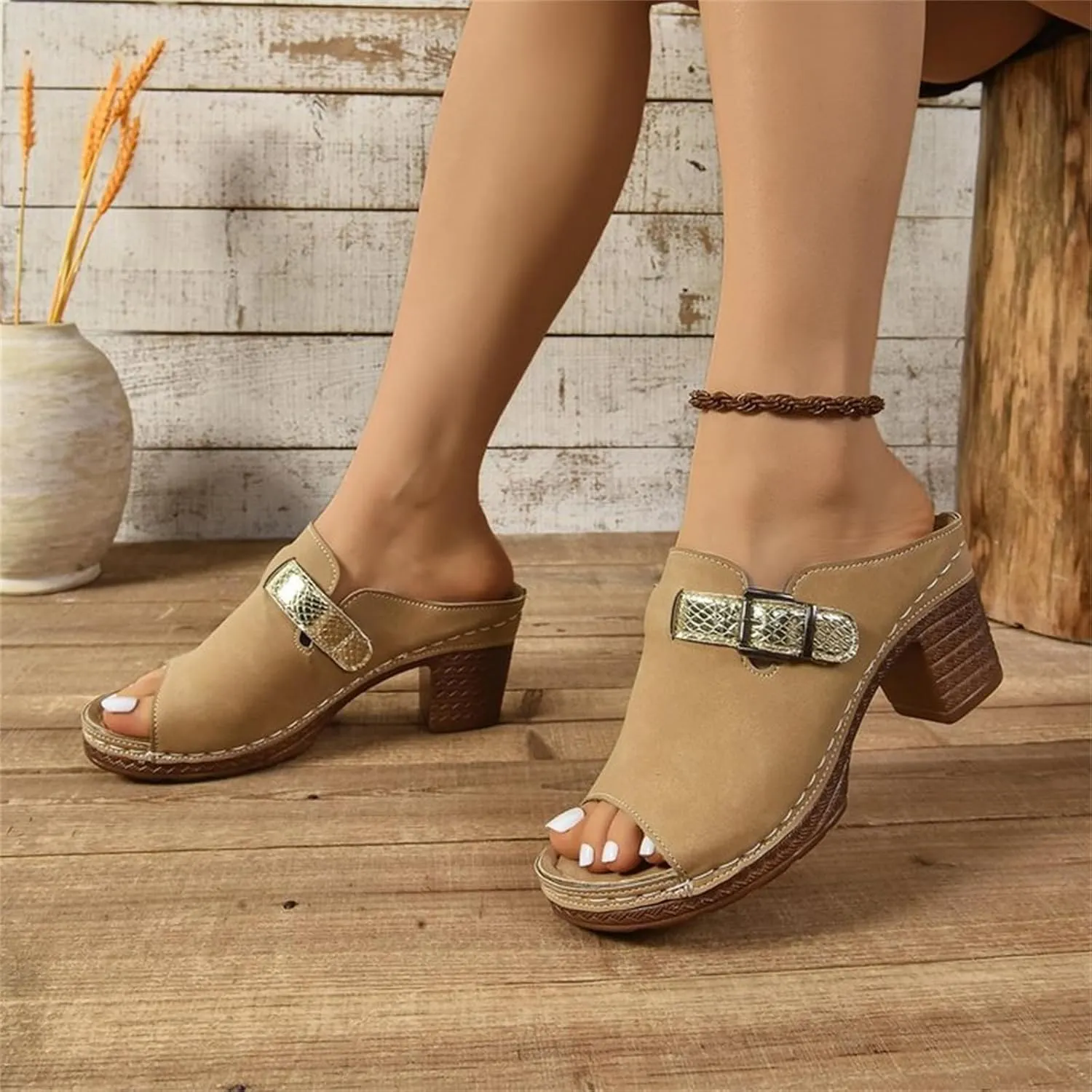 Chunky Heel Sandals for Women 2025 Summer Orthopedic Wedge Sandals, Fish Mouth Open Toe Buckle Backless High Heels Comfortable Slingback Chunky Heels High Heel Sandal Casual Walking Shoes
