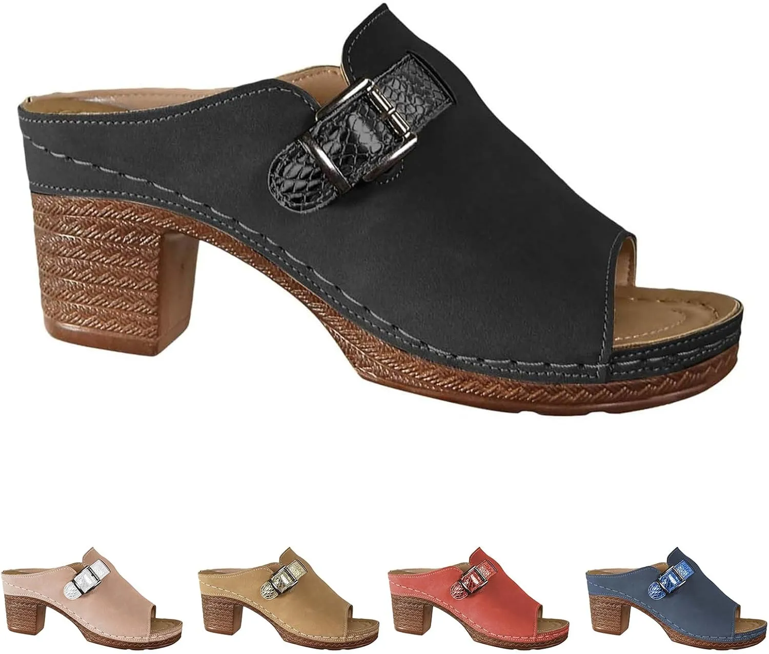 Chunky Heel Sandals for Women 2025 Summer Orthopedic Wedge Sandals, Fish Mouth Open Toe Buckle Backless High Heels Comfortable Slingback Chunky Heels High Heel Sandal Casual Walking Shoes