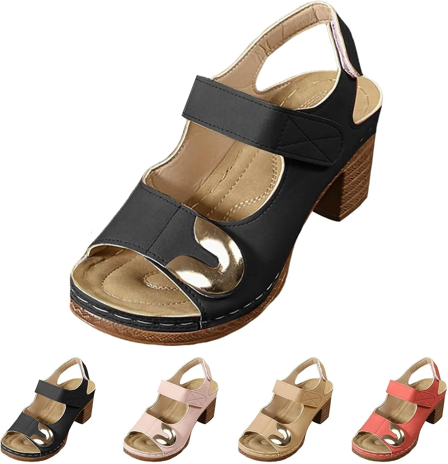 Chunky Heel Sandals for Women Summer Comfortable Dressy Orthopedic Wedge Sandals Open Toe Ankle Strap Slingback Walking Shoes with Adjustable Hook Loop