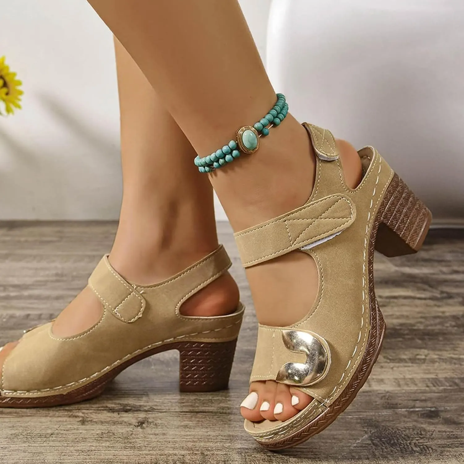 Chunky Heel Sandals for Women Summer Comfortable Dressy Orthopedic Wedge Sandals Open Toe Ankle Strap Slingback Walking Shoes with Adjustable Hook Loop