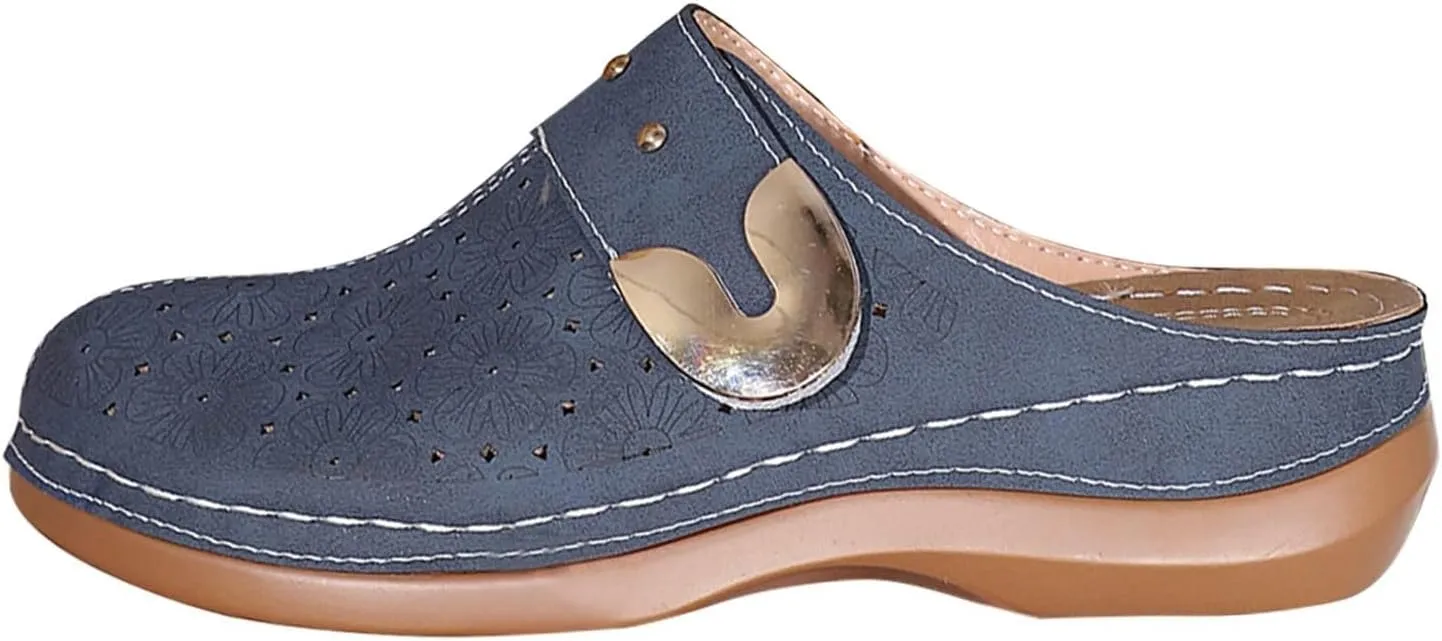 Clogs for Women Mules Shoes Comfortable Arch Support Closed Toe Sandals Backless Low Wedges, Metal Buckle Slip on Sandals Hollow Out Breathable Platform Slippers