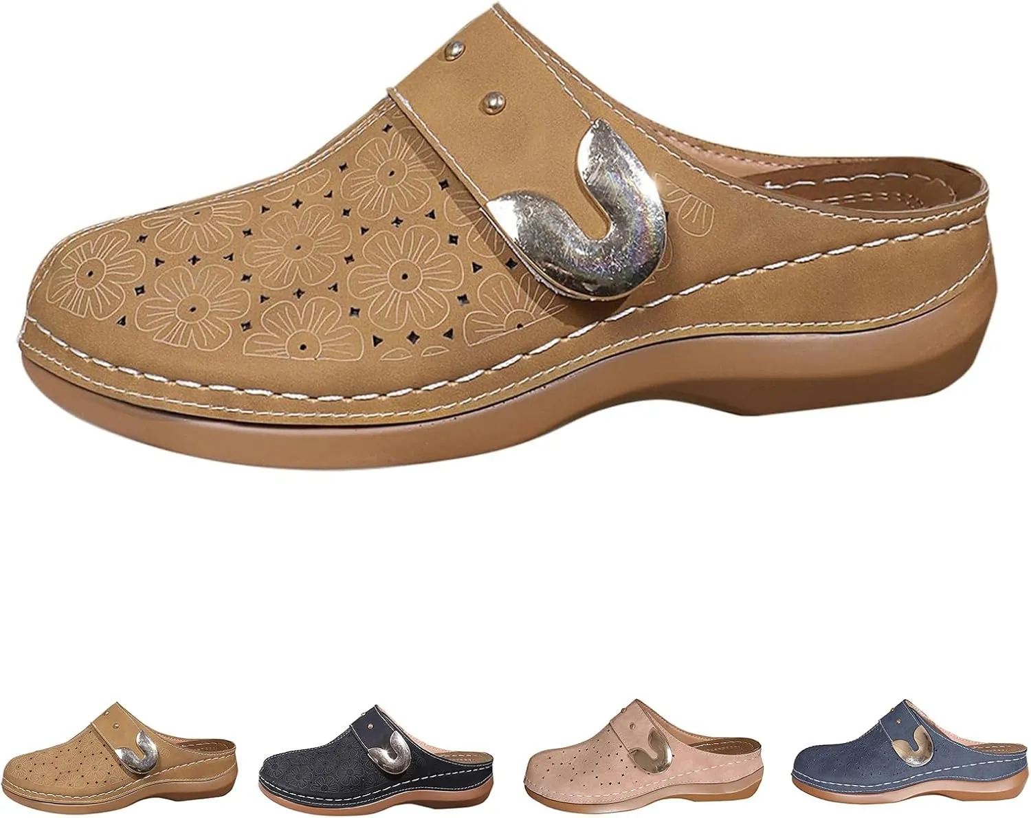 Clogs for Women Mules Shoes Comfortable Arch Support Closed Toe Sandals Backless Low Wedges, Metal Buckle Slip on Sandals Hollow Out Breathable Platform Slippers