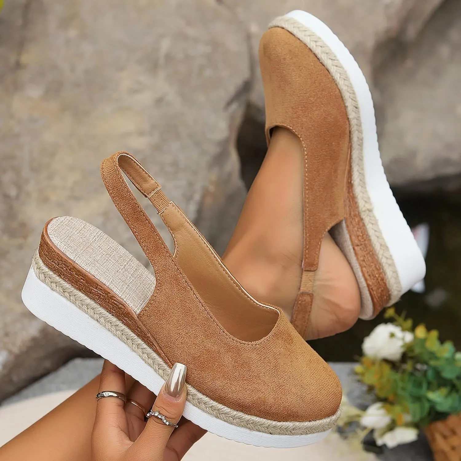 Closed Toe Espadrilles Platform Wedge Sandals, 2025 Summer Backless Casual Adjustable Ankle Strap Platform Sandals Comfortable Wide Width Slingback Beach Walking Fashion Low Heel Sandal