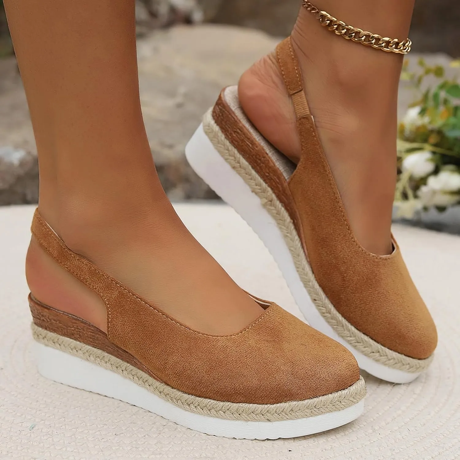 Closed Toe Espadrilles Platform Wedge Sandals, 2025 Summer Backless Casual Adjustable Ankle Strap Platform Sandals Comfortable Wide Width Slingback Beach Walking Fashion Low Heel Sandal