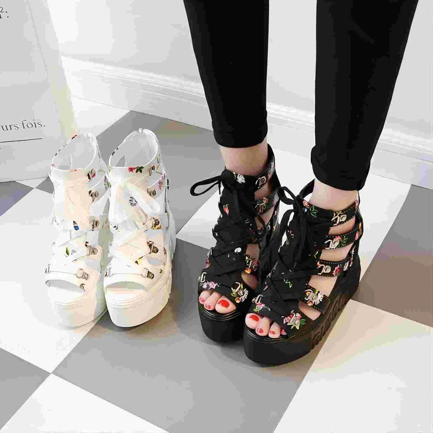 Crepuscute Women's Floral Embroidery Fish Mouth Platform Wedge Sandals Open Toe with Strap Breathable Non-Slip Sexy Bohemia Casual Summer Cage Dress Shoes