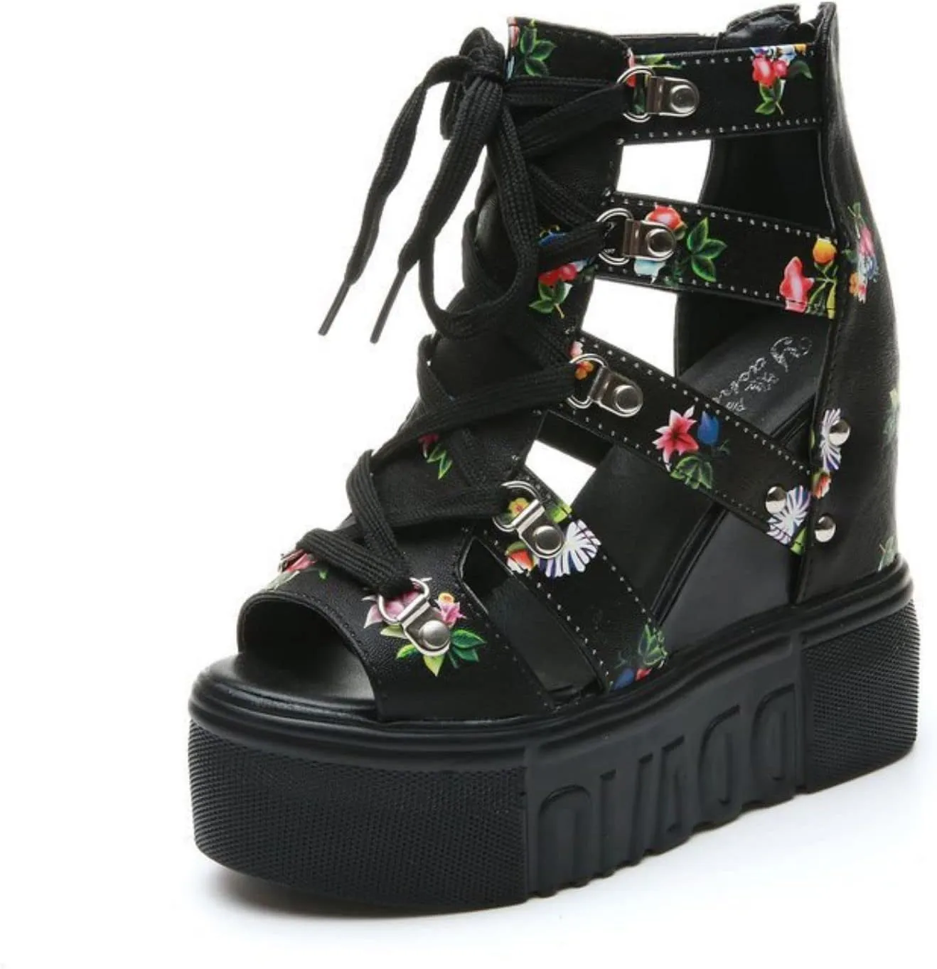 Crepuscute Women's Floral Embroidery Fish Mouth Platform Wedge Sandals Open Toe with Strap Breathable Non-Slip Sexy Bohemia Casual Summer Cage Dress Shoes