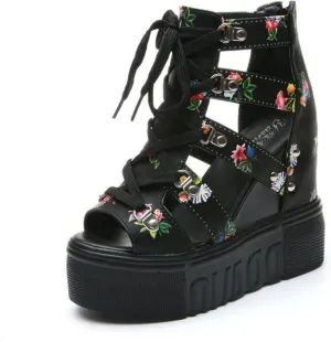 Crepuscute Women's Floral Embroidery Fish Mouth Platform Wedge Sandals Open Toe with Strap Breathable Non-Slip Sexy Bohemia Casual Summer Cage Dress Shoes