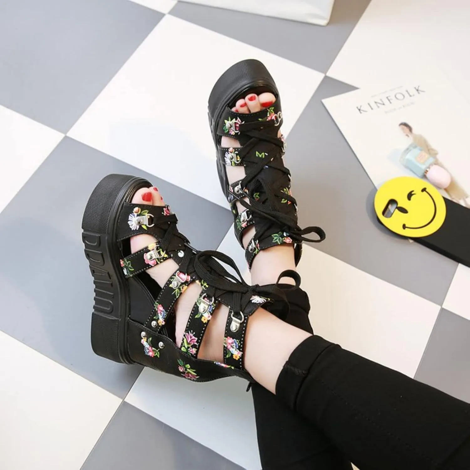 Crepuscute Women's Floral Embroidery Fish Mouth Platform Wedge Sandals Open Toe with Strap Breathable Non-Slip Sexy Bohemia Casual Summer Cage Dress Shoes