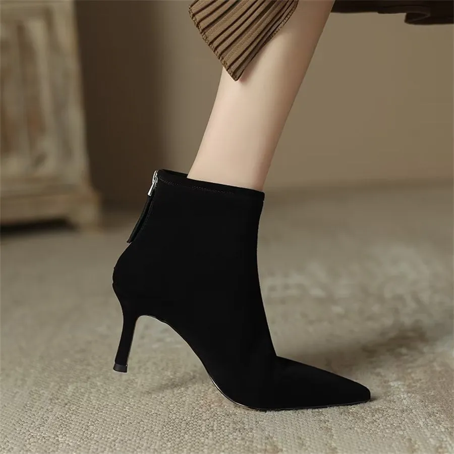 Elegant Cow Leather Pointed Toe Rear Zipper Boots