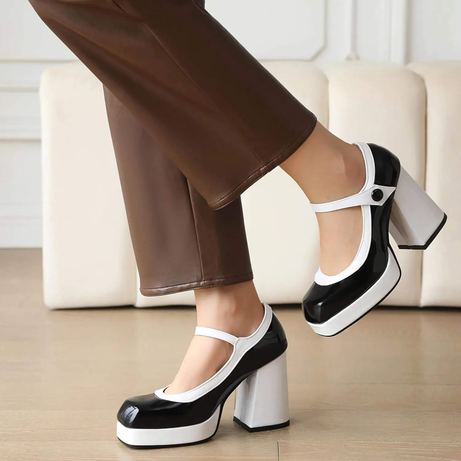 Elegant Patent Mixed Color Square Toe Women Pumps