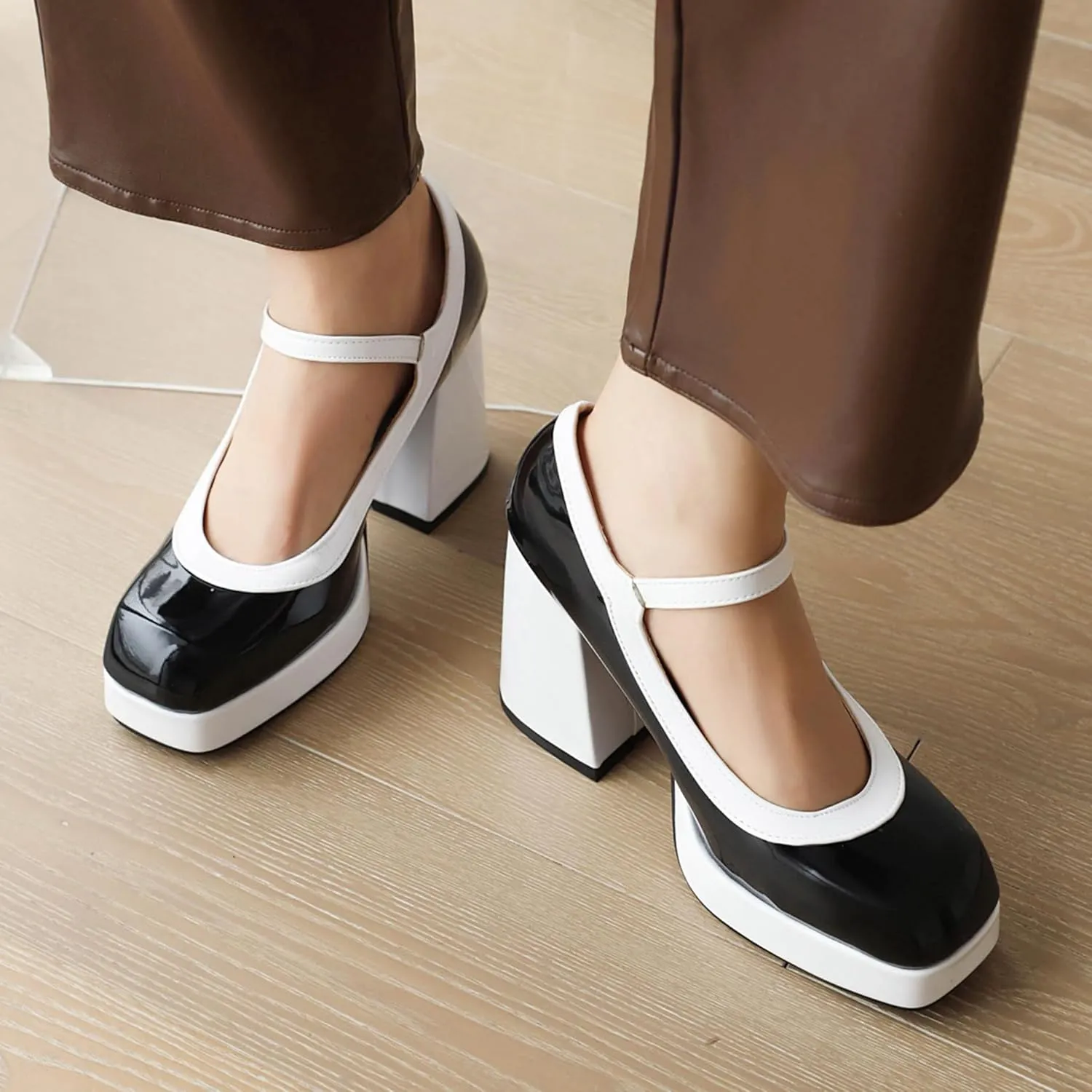 Elegant Patent Mixed Color Square Toe Women Pumps