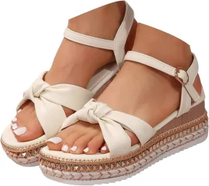Espadrille Wedge Platform Sandals for Women 2025 Bowknot Open Toe Ankle Strap Sandals Comfortable Rhinestones Sole Summer Dressy Beach Women Slip on Ankle Strap Shoes