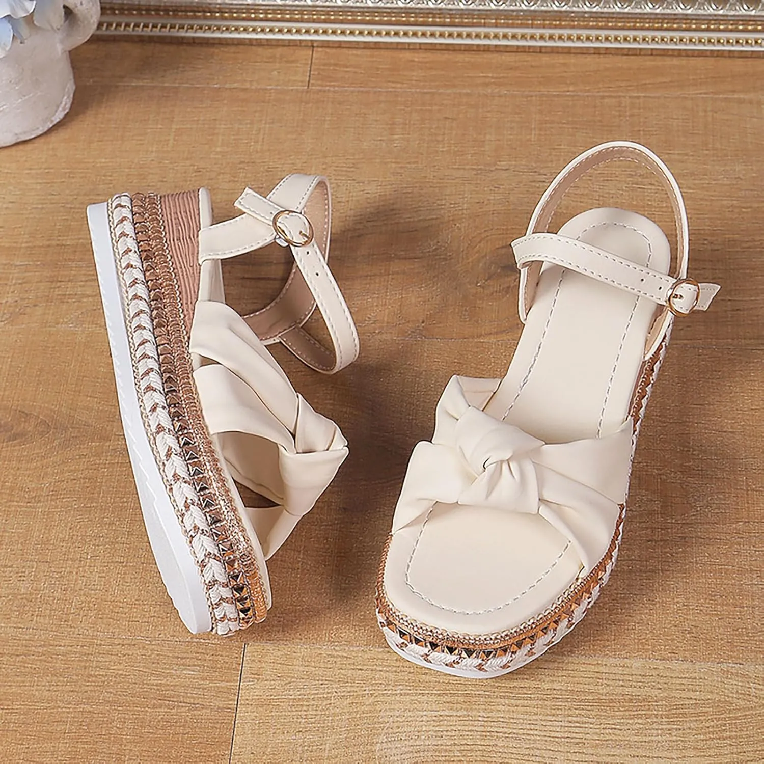 Espadrille Wedge Platform Sandals for Women 2025 Bowknot Open Toe Ankle Strap Sandals Comfortable Rhinestones Sole Summer Dressy Beach Women Slip on Ankle Strap Shoes