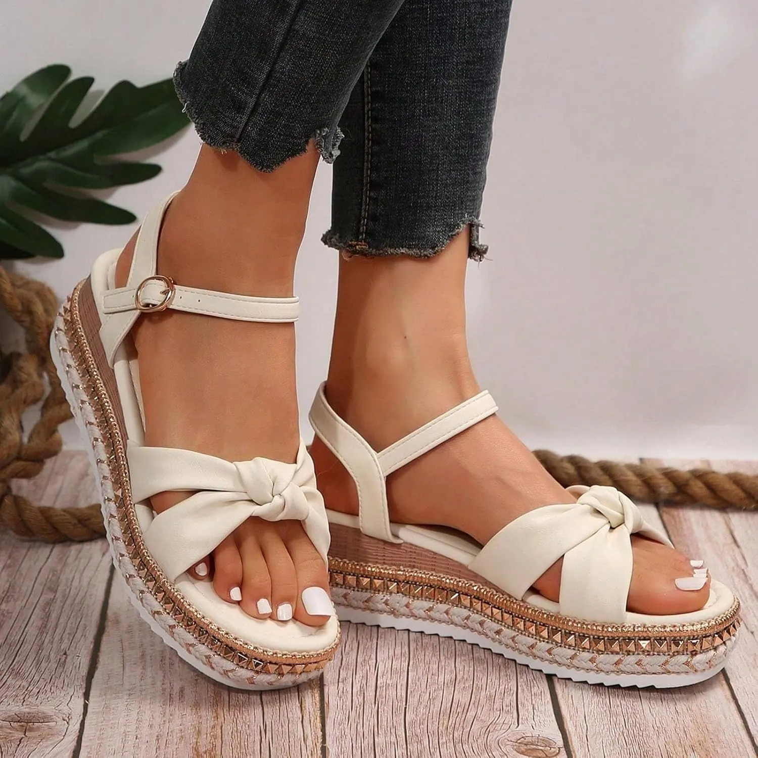 Espadrille Wedge Platform Sandals for Women 2025 Bowknot Open Toe Ankle Strap Sandals Comfortable Rhinestones Sole Summer Dressy Beach Women Slip on Ankle Strap Shoes