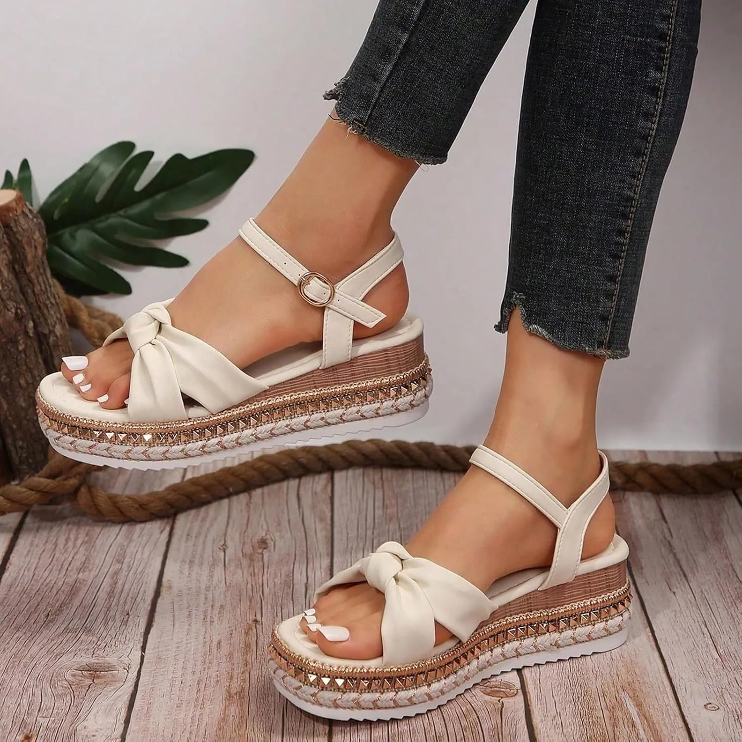 Espadrille Wedge Platform Sandals for Women 2025 Bowknot Open Toe Ankle Strap Sandals Comfortable Rhinestones Sole Summer Dressy Beach Women Slip on Ankle Strap Shoes