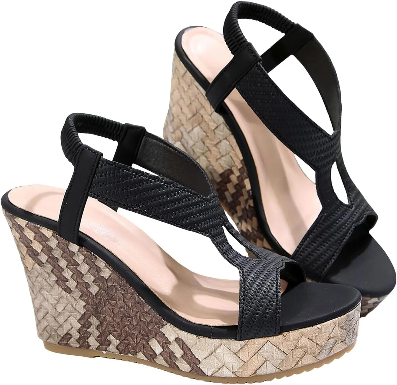 Espadrilles Orthopedic Wedges Sandals for Women 2025 Summer Fashion Open Toe Wedge Heeled Hollow Out Elastic Thick Sole Sandals Boho Beach Vacation Comfortable Dressy Ankle Strap Footwear
