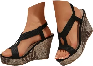 Espadrilles Orthopedic Wedges Sandals for Women 2025 Summer Fashion Open Toe Wedge Heeled Hollow Out Elastic Thick Sole Sandals Boho Beach Vacation Comfortable Dressy Ankle Strap Footwear