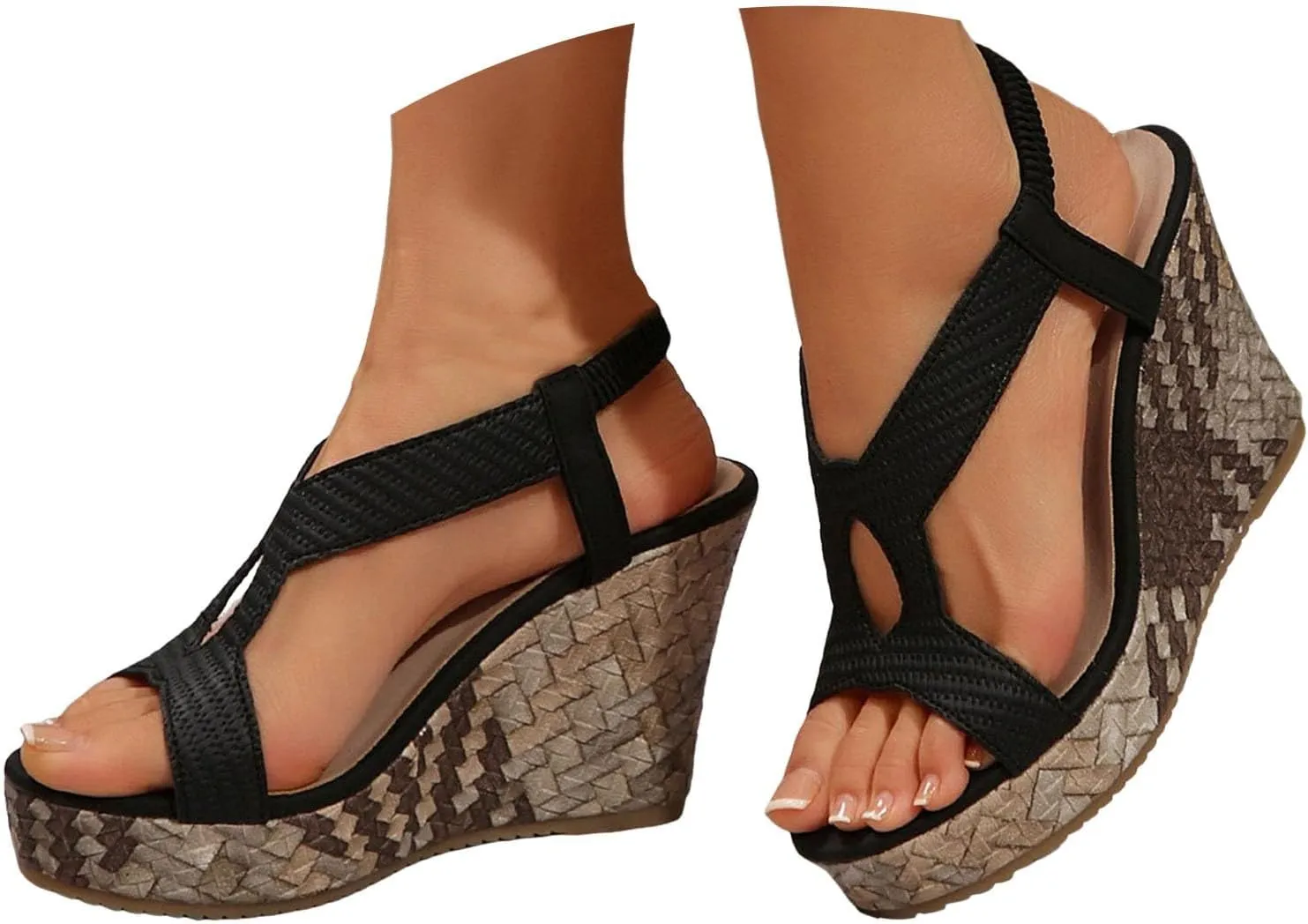 Espadrilles Orthopedic Wedges Sandals for Women 2025 Summer Fashion Open Toe Wedge Heeled Hollow Out Elastic Thick Sole Sandals Boho Beach Vacation Comfortable Dressy Ankle Strap Footwear