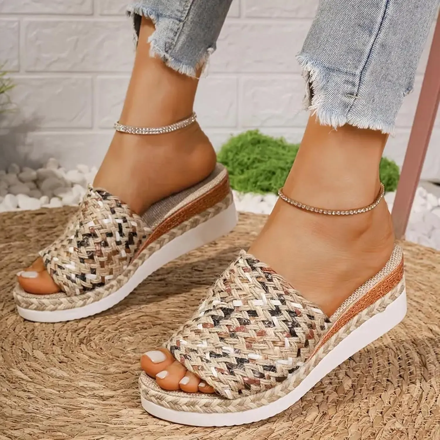 Espadrilles Wedge Sandals for Women 2025,Fashion Comfortable Wide Width Walking Dress Chunky Wedge Shoes,Orthopedic Woven Open Toe Casual Slip On Sandals for Beach Vacation