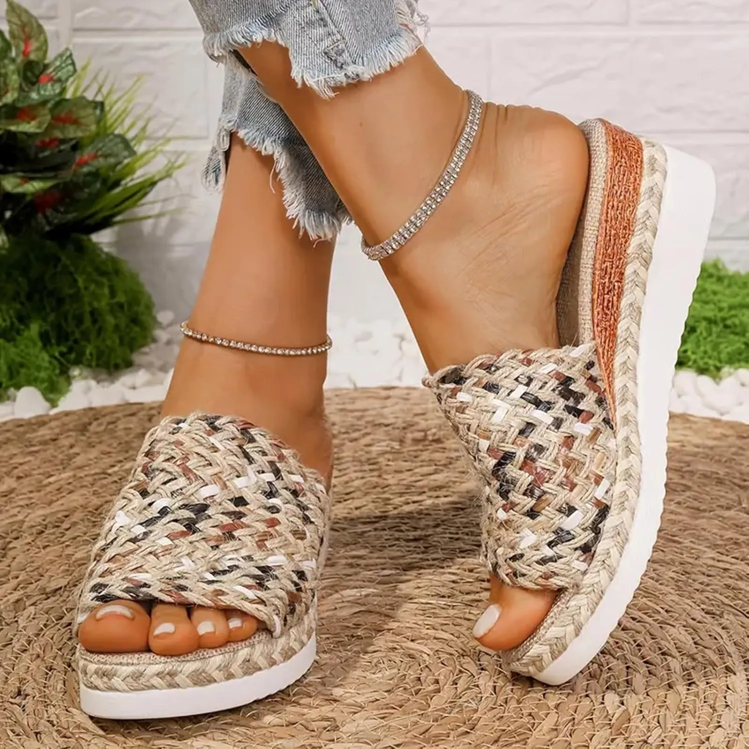 Espadrilles Wedge Sandals for Women 2025,Fashion Comfortable Wide Width Walking Dress Chunky Wedge Shoes,Orthopedic Woven Open Toe Casual Slip On Sandals for Beach Vacation