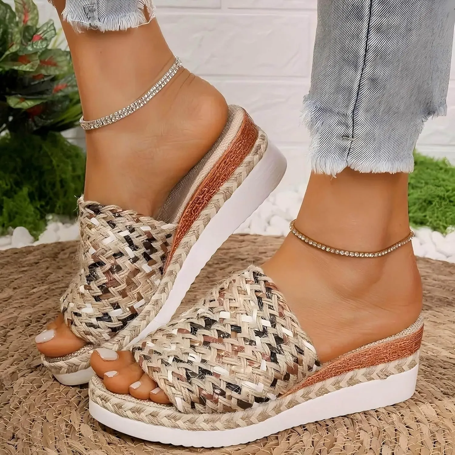 Espadrilles Wedge Sandals for Women 2025,Fashion Comfortable Wide Width Walking Dress Chunky Wedge Shoes,Orthopedic Woven Open Toe Casual Slip On Sandals for Beach Vacation