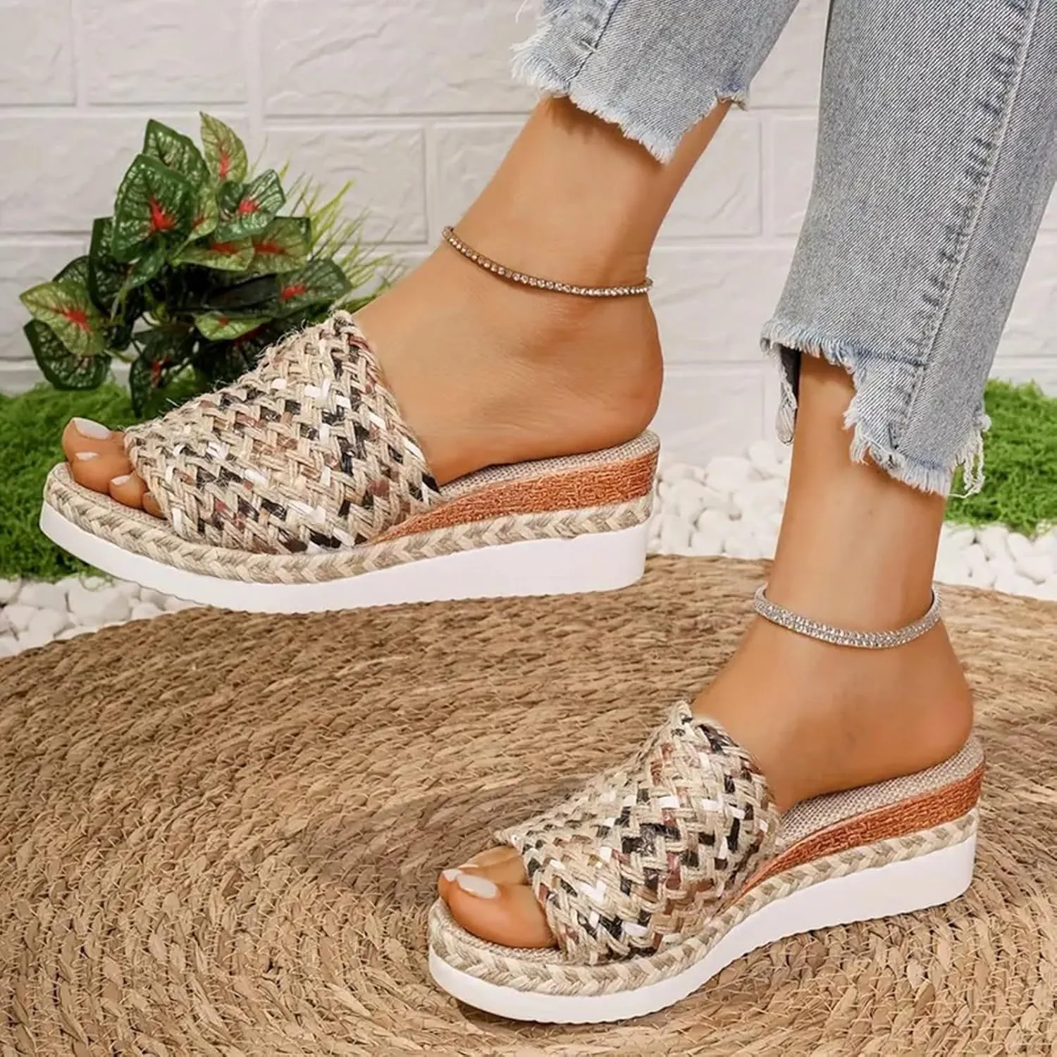 Espadrilles Wedge Sandals for Women 2025,Fashion Comfortable Wide Width Walking Dress Chunky Wedge Shoes,Orthopedic Woven Open Toe Casual Slip On Sandals for Beach Vacation