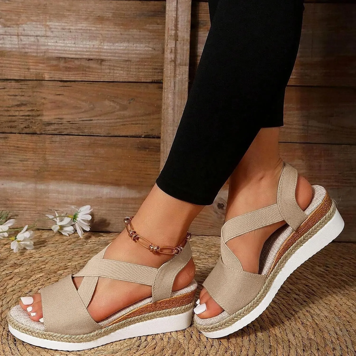 Espadrilles Wedge Sandals for Women,2025 Summer Open Toe Hollow Out Platform Slip on Espadrilles Wedges Sandals Boho Comfortable Casual Strappy Slip on Wedges Shoes