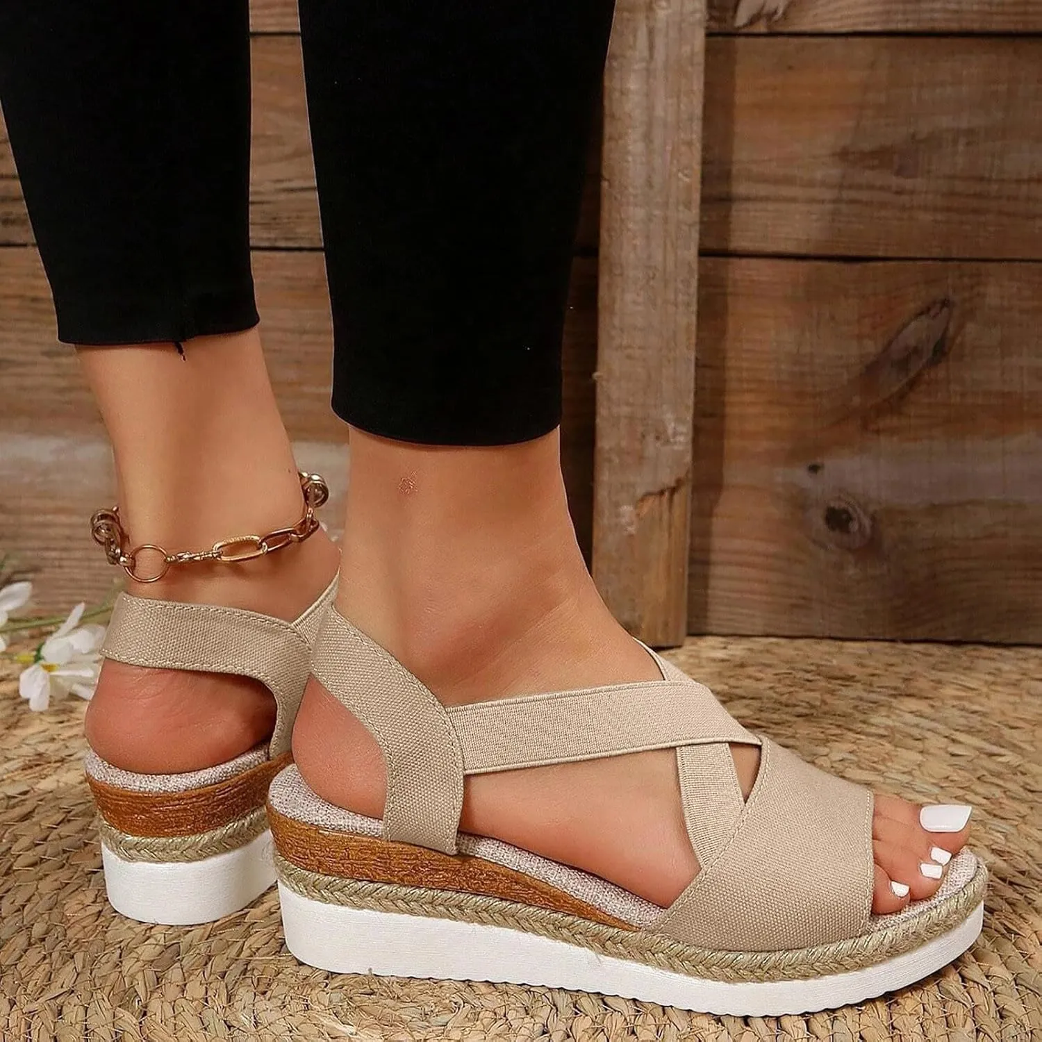 Espadrilles Wedge Sandals for Women,2025 Summer Open Toe Hollow Out Platform Slip on Espadrilles Wedges Sandals Boho Comfortable Casual Strappy Slip on Wedges Shoes