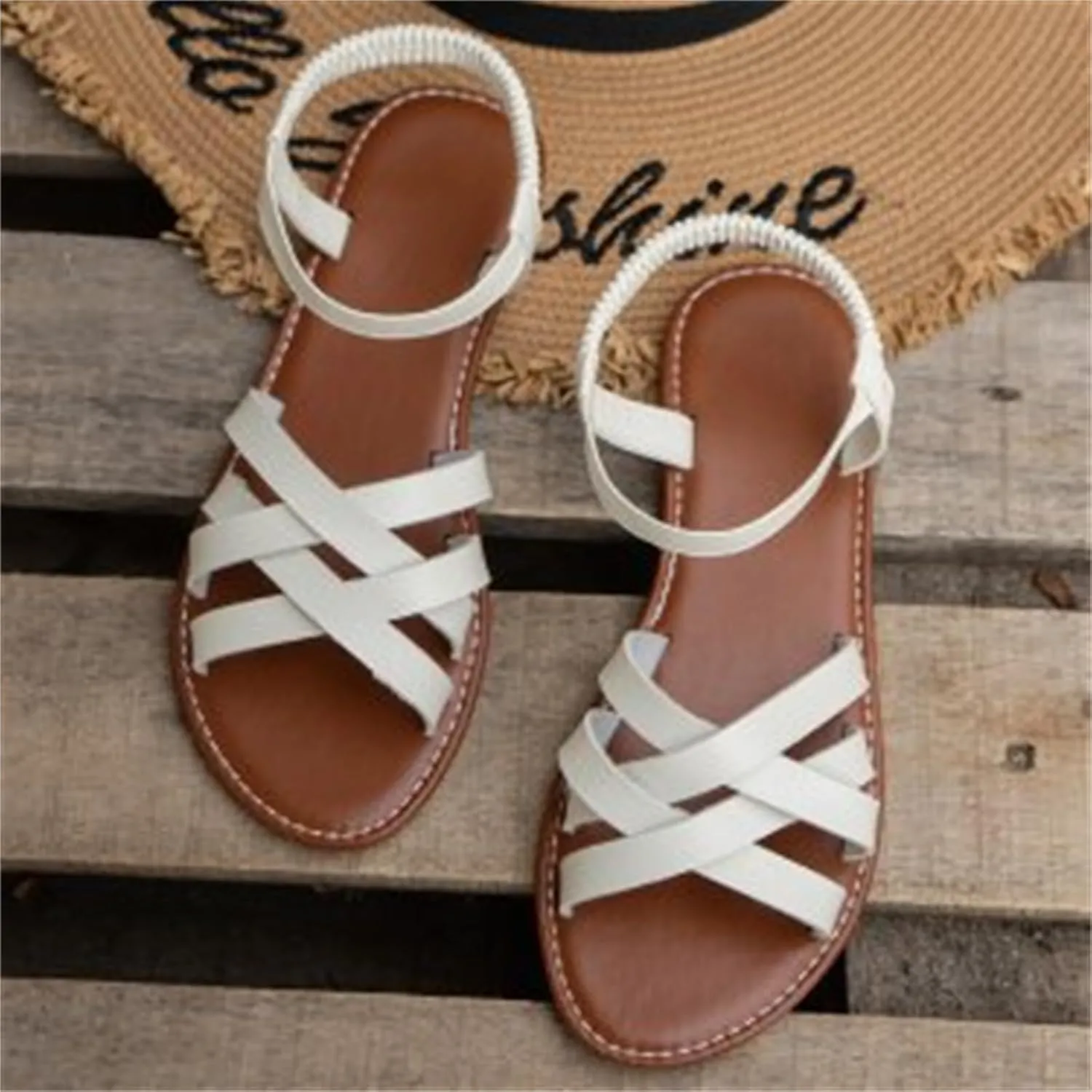 Flat Sandals for Women Open Toe Cross Strap Summer Dressy Sandals, Comfortable Ankle Strap Slip On Flat Sandal Beach Outdoor Walking Shoes All Day Comfort
