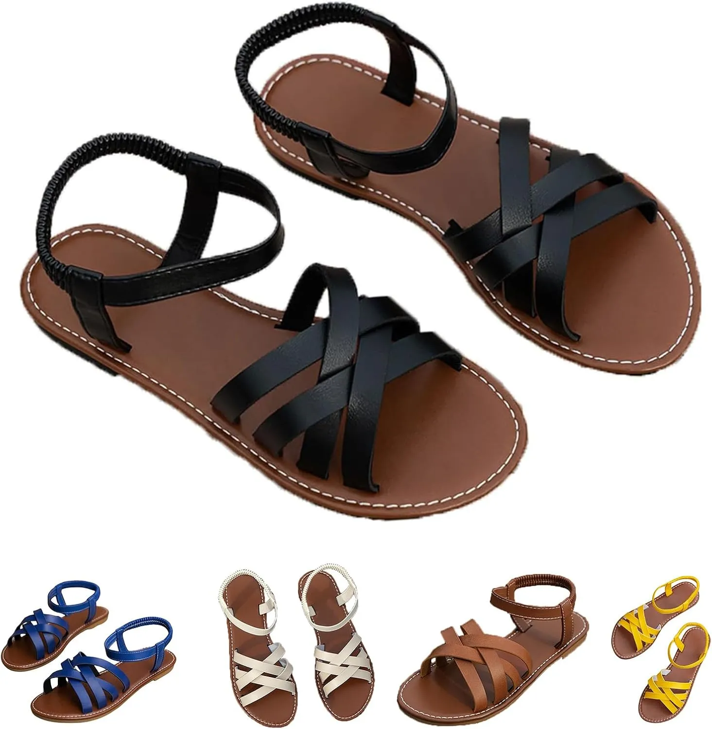 Flat Sandals for Women Open Toe Cross Strap Summer Dressy Sandals, Comfortable Ankle Strap Slip On Flat Sandal Beach Outdoor Walking Shoes All Day Comfort