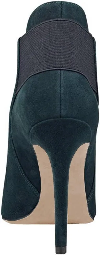FSJ Women Elegant Pointed Toe Ankle Boots High Heels Faux Suede Elastic Slip On Shoes Size 4-15 US