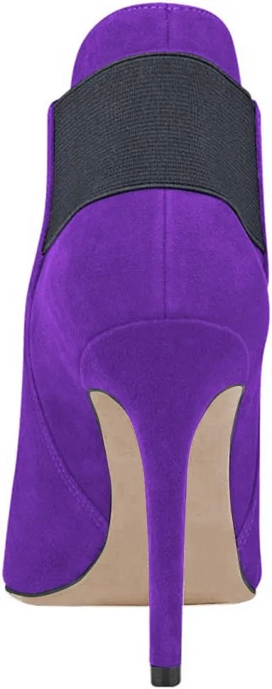FSJ Women Elegant Pointed Toe Ankle Boots High Heels Faux Suede Elastic Slip On Shoes Size 4-15 US