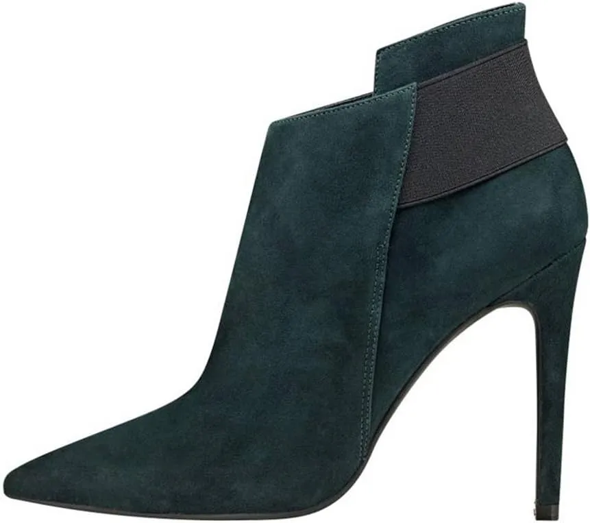 FSJ Women Elegant Pointed Toe Ankle Boots High Heels Faux Suede Elastic Slip On Shoes Size 4-15 US