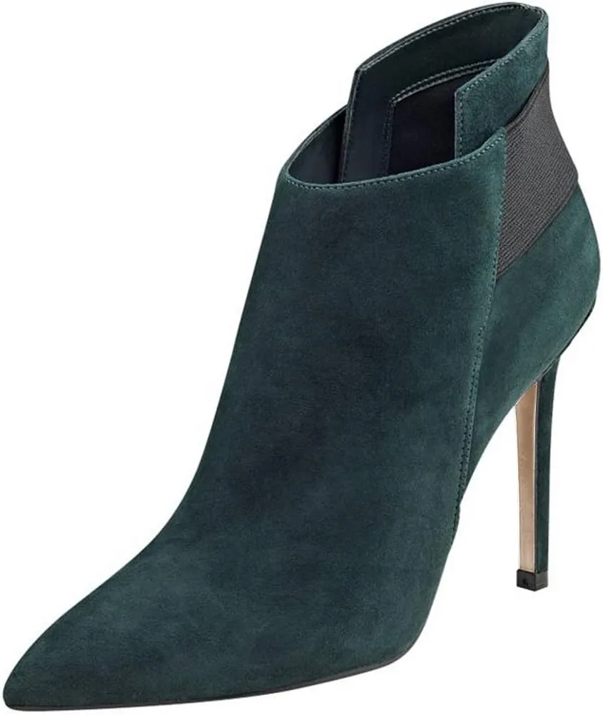 FSJ Women Elegant Pointed Toe Ankle Boots High Heels Faux Suede Elastic Slip On Shoes Size 4-15 US
