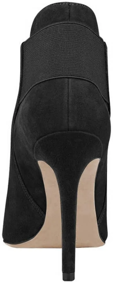 FSJ Women Elegant Pointed Toe Ankle Boots High Heels Faux Suede Elastic Slip On Shoes Size 4-15 US