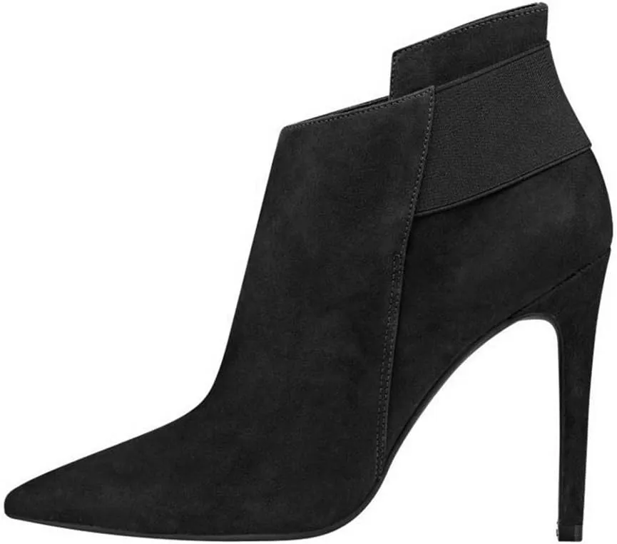 FSJ Women Elegant Pointed Toe Ankle Boots High Heels Faux Suede Elastic Slip On Shoes Size 4-15 US