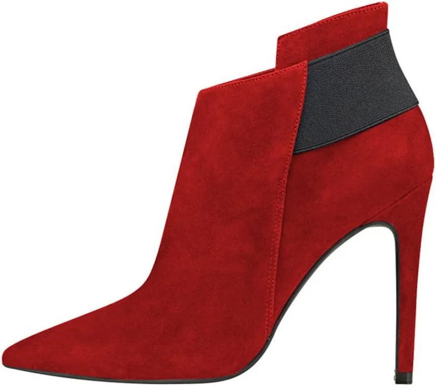FSJ Women Elegant Pointed Toe Ankle Boots High Heels Faux Suede Elastic Slip On Shoes Size 4-15 US