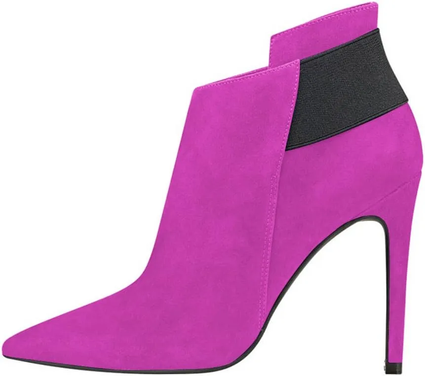 FSJ Women Elegant Pointed Toe Ankle Boots High Heels Faux Suede Elastic Slip On Shoes Size 4-15 US