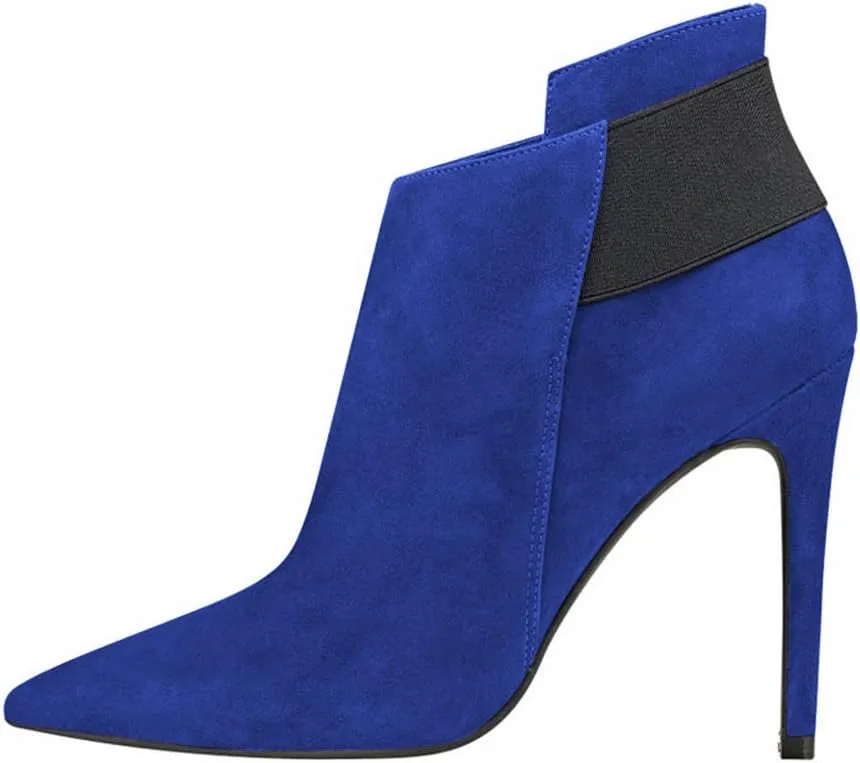 FSJ Women Elegant Pointed Toe Ankle Boots High Heels Faux Suede Elastic Slip On Shoes Size 4-15 US