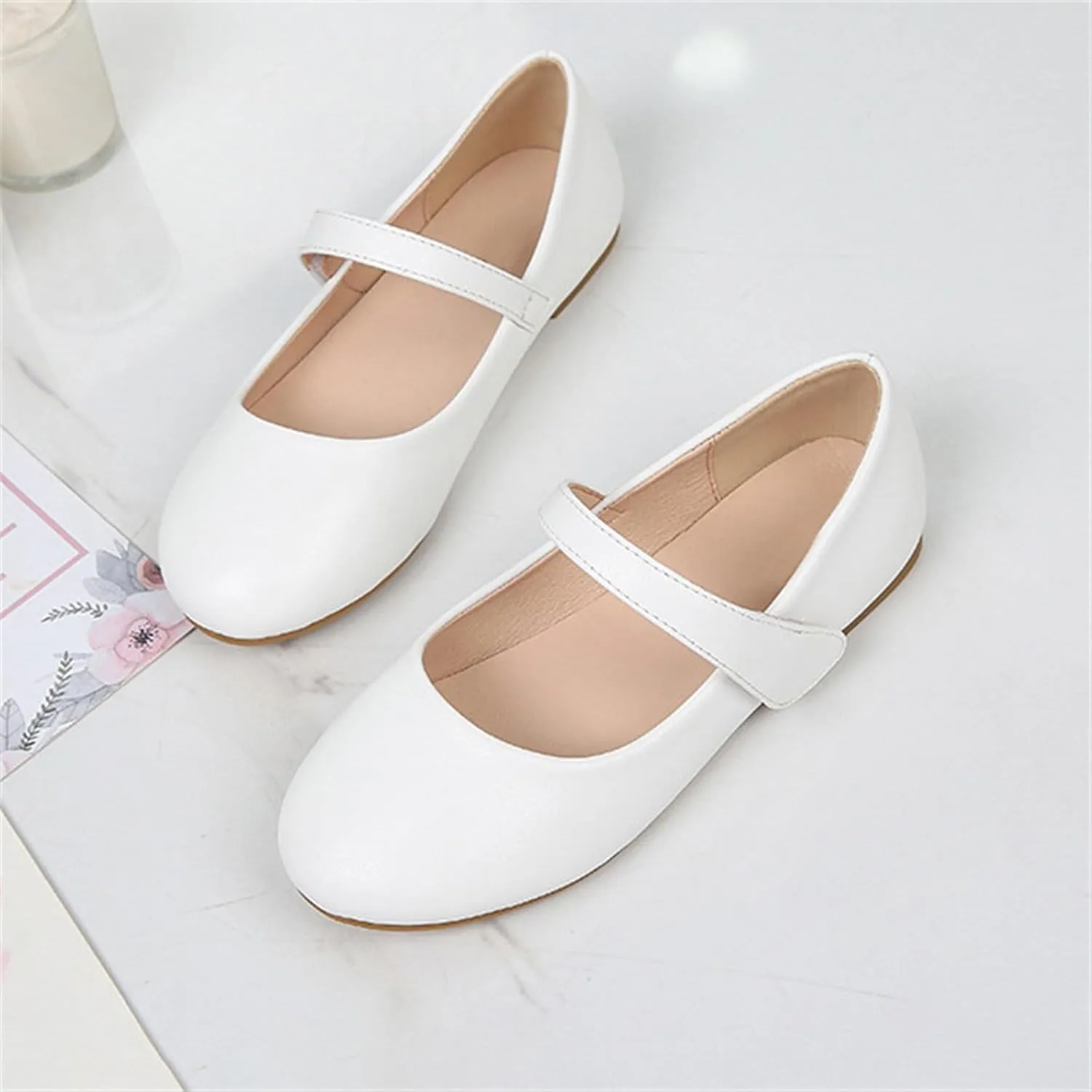 Girls Closed Toe Mary Jane Flat Big Kids School niform Dress Shoes Low Heel Princess Hook and Loop Formal Shoes